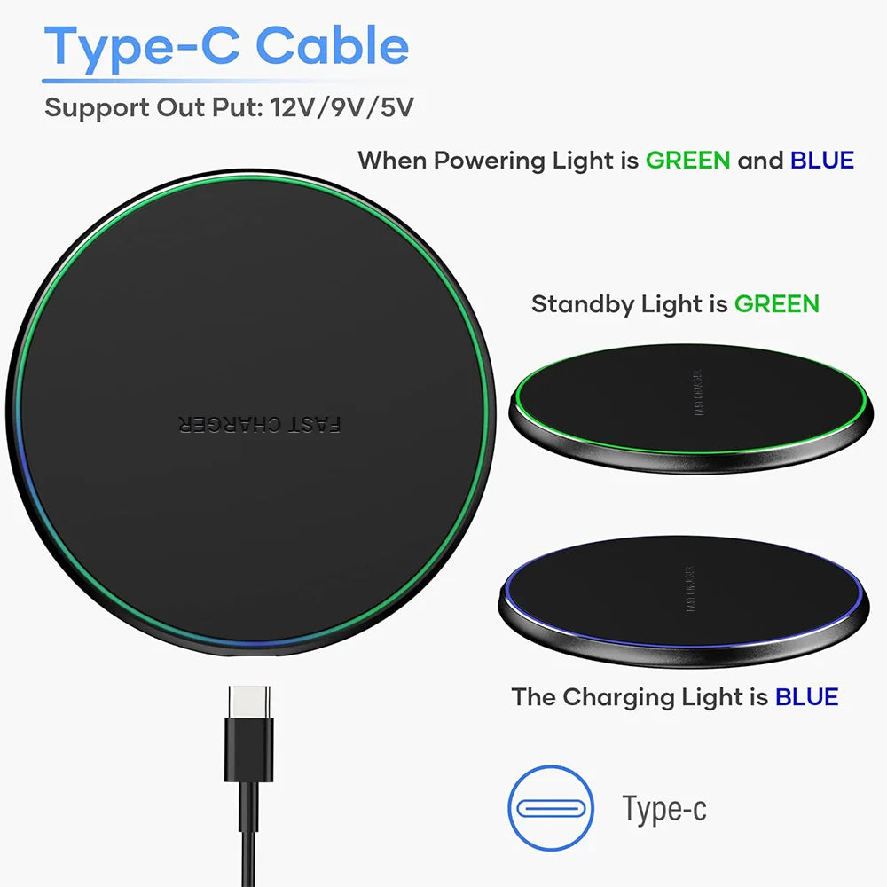15W Fast Wireless Charger Pad for iPhone17-13Pro/XS Max/Mini/X/XR & Samsung/Xiaomi/Huawei -USB-Powered Induction Charging