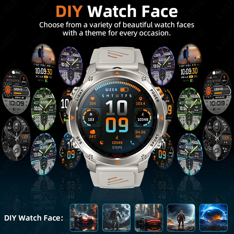 LIGE Rugged GPS Track Smart Watch Men LED Flashlight Compass 3ATM Waterproof Bluetooth Call Sports Cycling Men Smartwatch Hombre