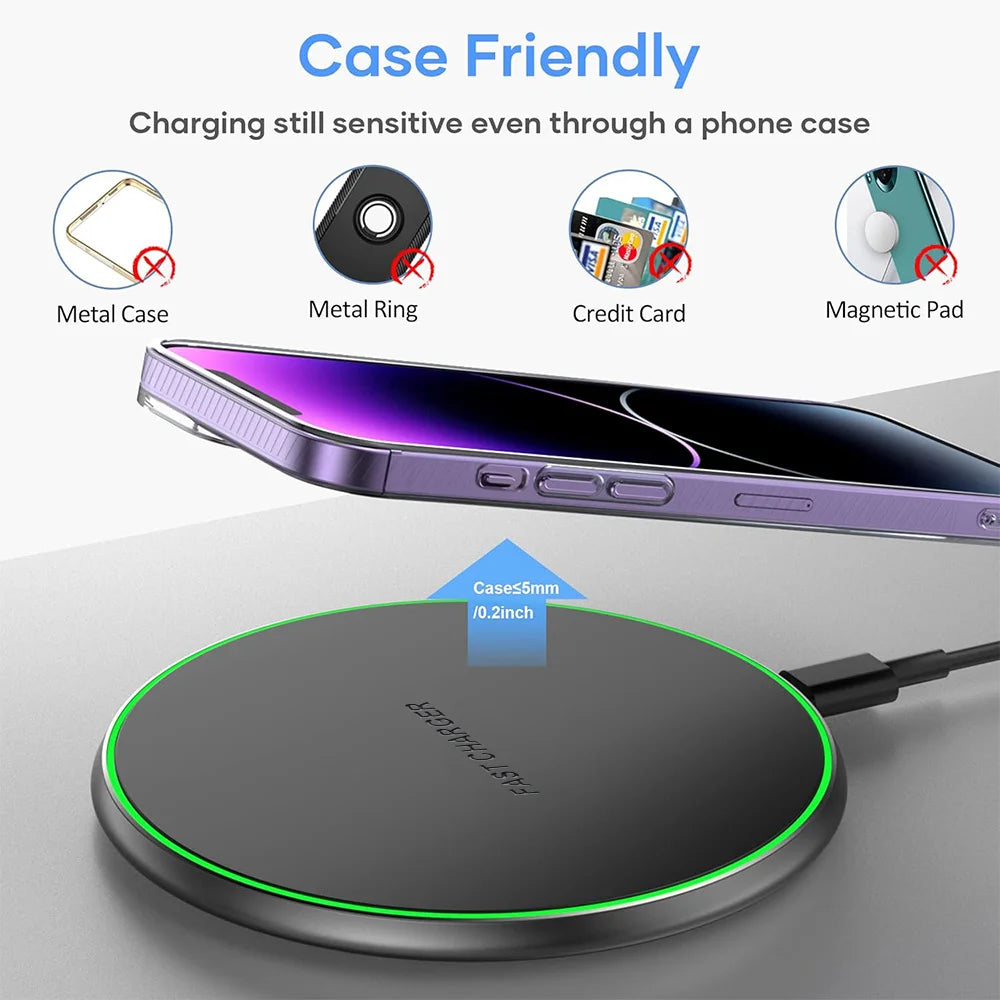 15W Fast Wireless Charger Pad for iPhone17-13Pro/XS Max/Mini/X/XR & Samsung/Xiaomi/Huawei -USB-Powered Induction Charging